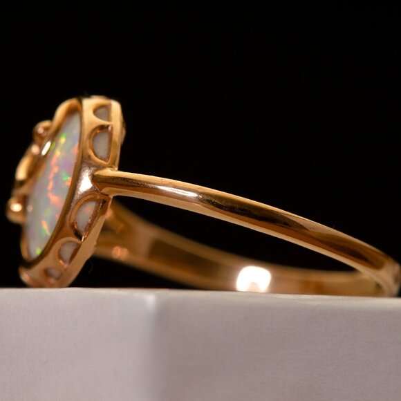 Stunning Custom Made 14K Rose Gold Opal Ring Vintage Real Gold Opal Ring Sz 6.75 - Picture 7 of 12